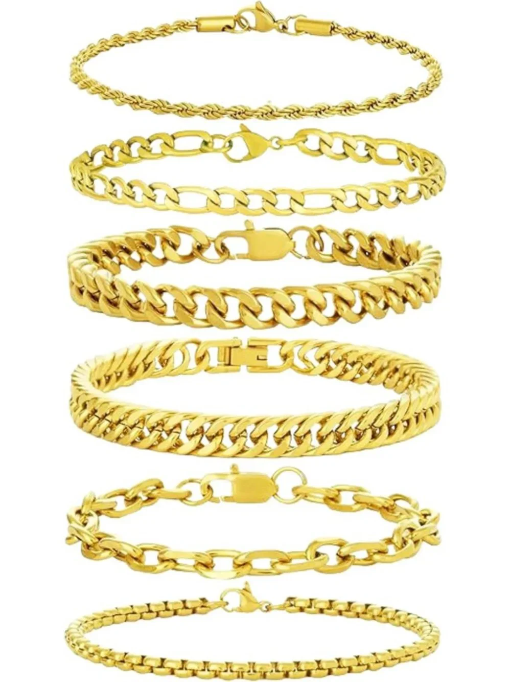 Men's Stainless Steel Bracelet Set - 6pcs Cuban Link & Rope Chains, Fashion